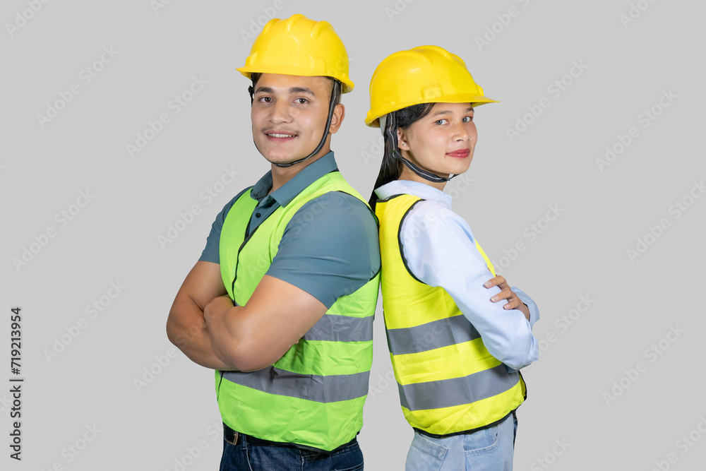 Asian Couple Engineer and Architect giving gestures and expressions on construction field Asian Couple Engineer and Architect giving gestures and expressions on construction field