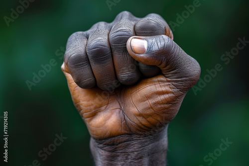 Raised fist of an African American black man in the background. Unity, solidarity, protest. Concept of black history month photo