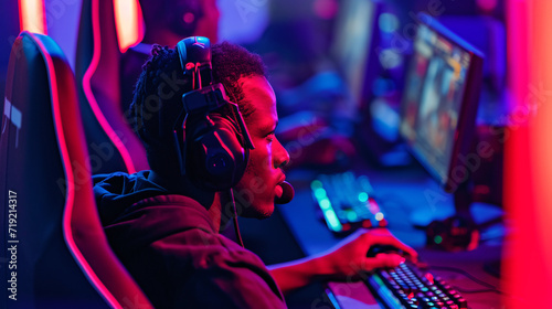 eSports competitive black male gamer in the heat of intense gameplay