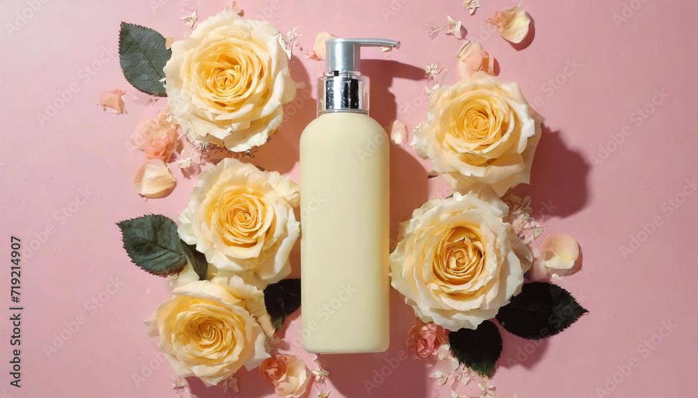 View from above of an unlabeled bottle of shower gel, shampoo, and cosmetics with fresh roses standing out on a pink background. Mockup for advertising. View from above of an unlabeled bottle of shower gel, shampoo, and cosmetics with fresh roses standing out on a pink background. Mockup for advertising.