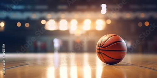 Ball On Basketball Indoor Court, Sports Game Equipment, Illuminated Bokeh Lights in the Background. Generative AI