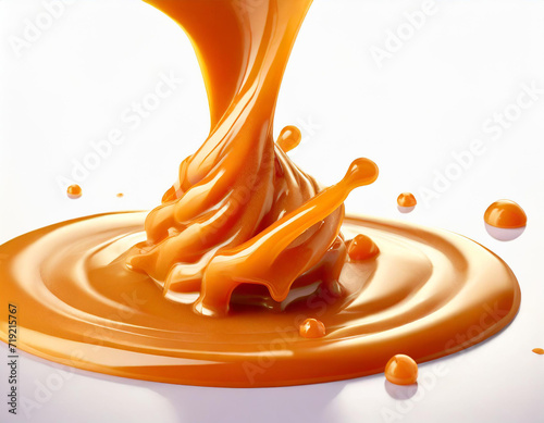 Caramel sauce, Liquid syrup splash, sugar candy caramel or melted toffee, 3d illustration.