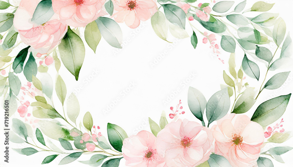 Frame made of light pink watercolor flowers and green leaves, wedding isolated illustration