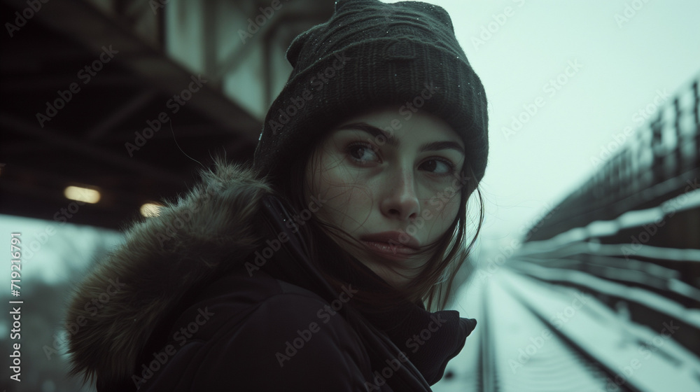 Eine Frau im Winter an einem Bahnsteig, wartet auf den Zug und blickt sich um