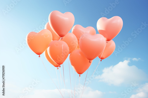 A lot peach-colored hearts balloons against a clear blue sky