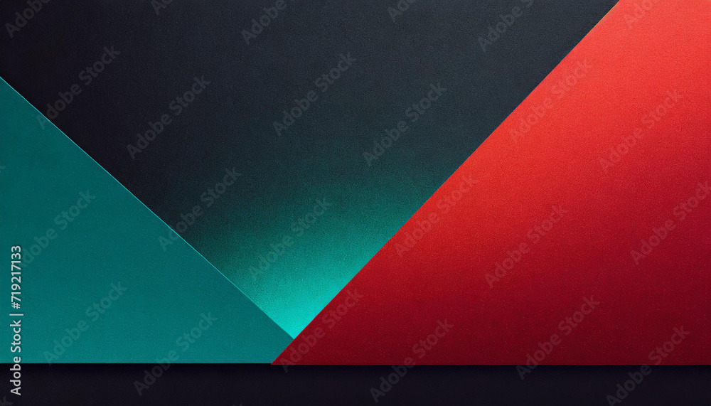 Grainy color gradient abstract geometric dark background red teal shape on black, wide banner size, copy space