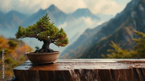 Bonsai tree on a rustic pine table with mountain view backdrop