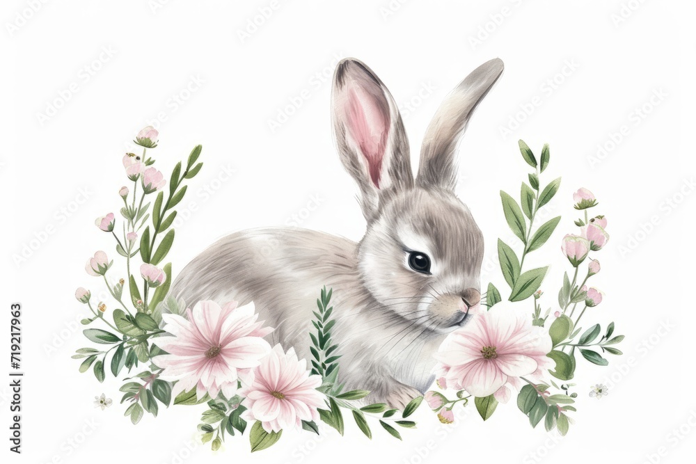 Cute watercolor bunny with a round frame from spring flowers isolated on a white background. AI generative - obrazy, fototapety, plakaty 