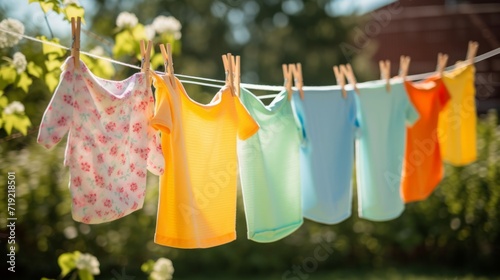 Children s T-shirts drying outside. Neural network AI generated art