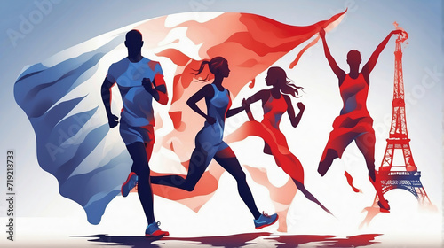 Paris Olympics games in France 2024 ceremony, athletes running sports Eiffel tower artwork painting
