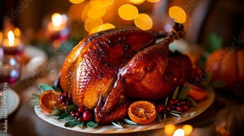 A juicy turkey on a porcelain platter presented in a festive setting.