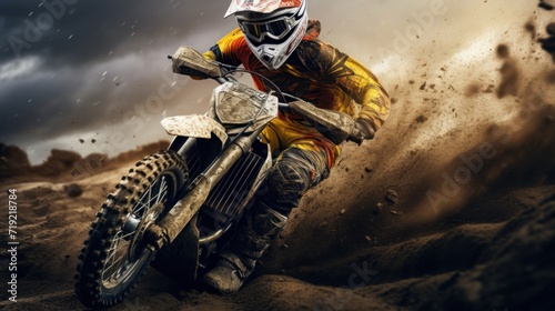 A brave motorcycle racer rushes along a dirt road, extreme motocross.