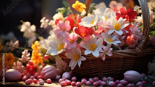 Colorful Easter basket filled with eggs and treats, decorated with flowers. Easter concept. © tynza