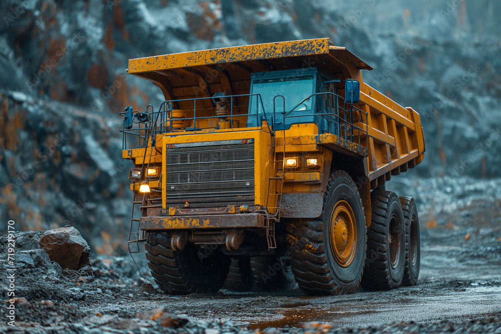 A large yellow quarry truck transports cargo from the quarry. A large yellow quarry truck transports cargo from the quarry.