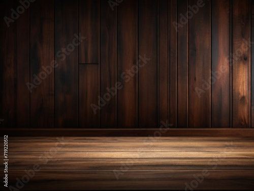 A dark room with a wooden floor and a light on the wall ,black dark Wooden textured Background wallapaper vintage photogprahic  ai image  © Hamid