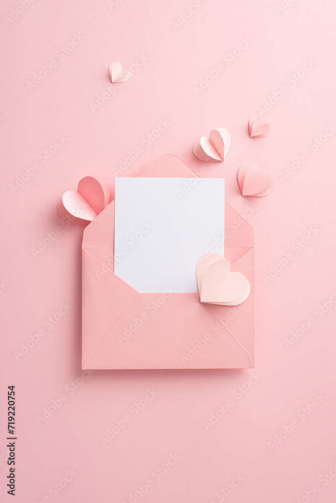 Graceful Celebration: Mark Woman's Day with elegant top-view vertical presentation of delicate hearts, and inviting letter on a pastel pink backdrop. Beautiful way to honor special woman in your life Graceful Celebration: Mark Woman's Day with elegant top-view vertical presentation of delicate hearts, and inviting letter on a pastel pink backdrop. Beautiful way to honor special woman in your life
