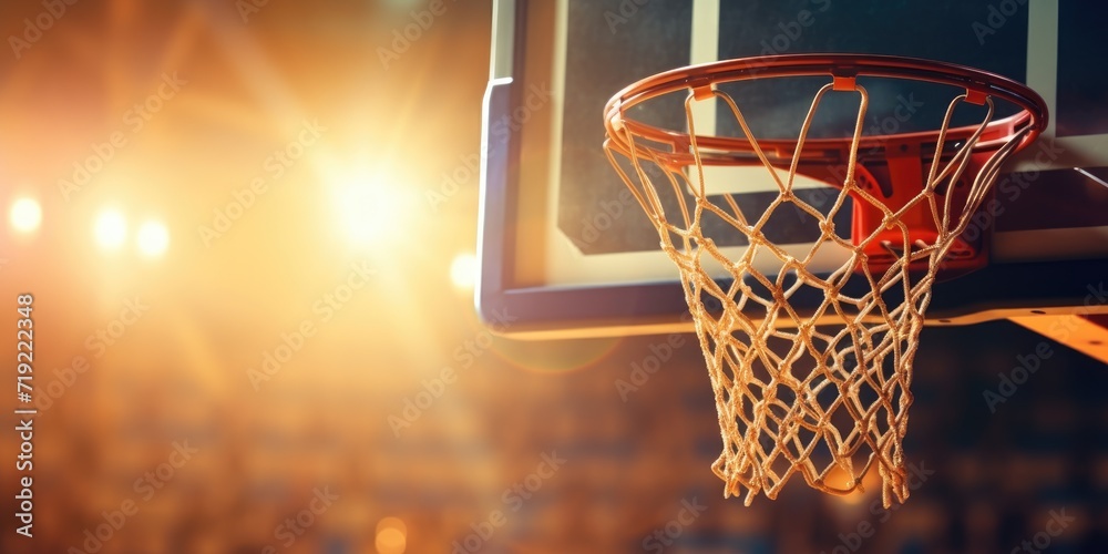 Close-Up of a Basketball Hoop with Net Against a Blurred Arena Background, Illuminated by Warm Lights. Generative AI