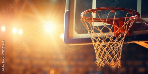 Close-Up of a Basketball Hoop with Net Against a Blurred Arena Background, Illuminated by Warm Lights. Generative AI