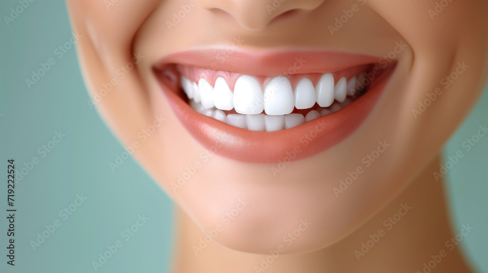 Obraz premium Close Up of Smiling Womans Teeth, Happy Female Dentition Picture. Generative AI.