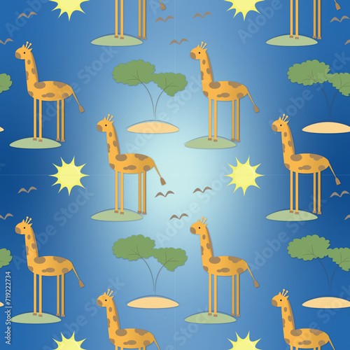 Photography seamless pattern with giraffes, sun, birds and trees on a blue background