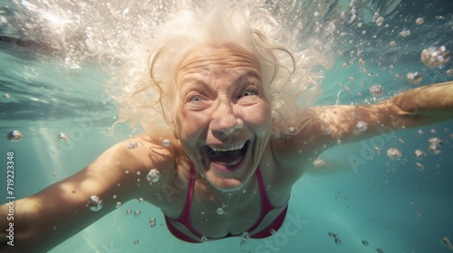 Close-up Portrait of a happy smiling senior woman in a swimsuit swimming under in the sea or pool on a blue background. Retirement life, Vacations, travel, Recreation, entertainment concepts.