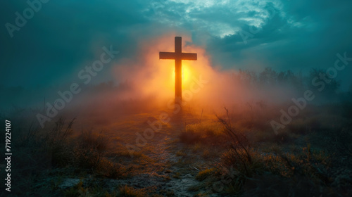 Cross Rising in Foggy Field With the Sun Behind It. Generative AI.