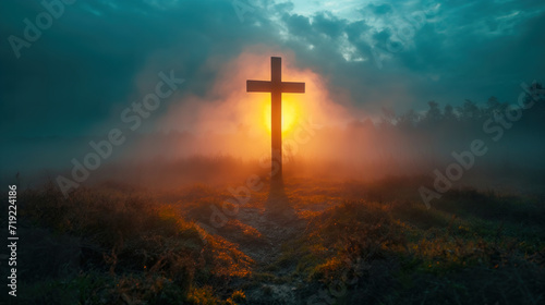 A Cross Standing Tall Amidst a Foggy Field. Generative AI. © Black AI