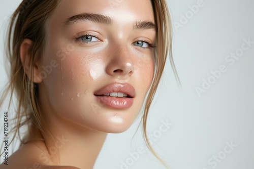 Skincare commercial model, extremely realistic skin detail, upper body, mild smile, white skin