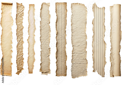 set of 8 sheets of old and torn paper strips with different textures and patterns