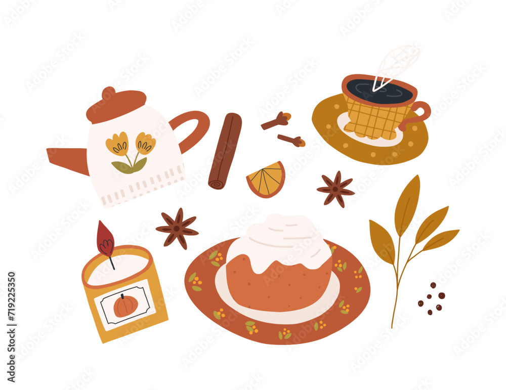 Autumn elements in cute cartoon flat vector style, isolated on white background. Composition with cozy hand drawn fall stickers - candle, cinnamon roll, teapot, mug, clove and anise star. Autumn elements in cute cartoon flat vector style, isolated on white background. Composition with cozy hand drawn fall stickers - candle, cinnamon roll, teapot, mug, clove and anise star.