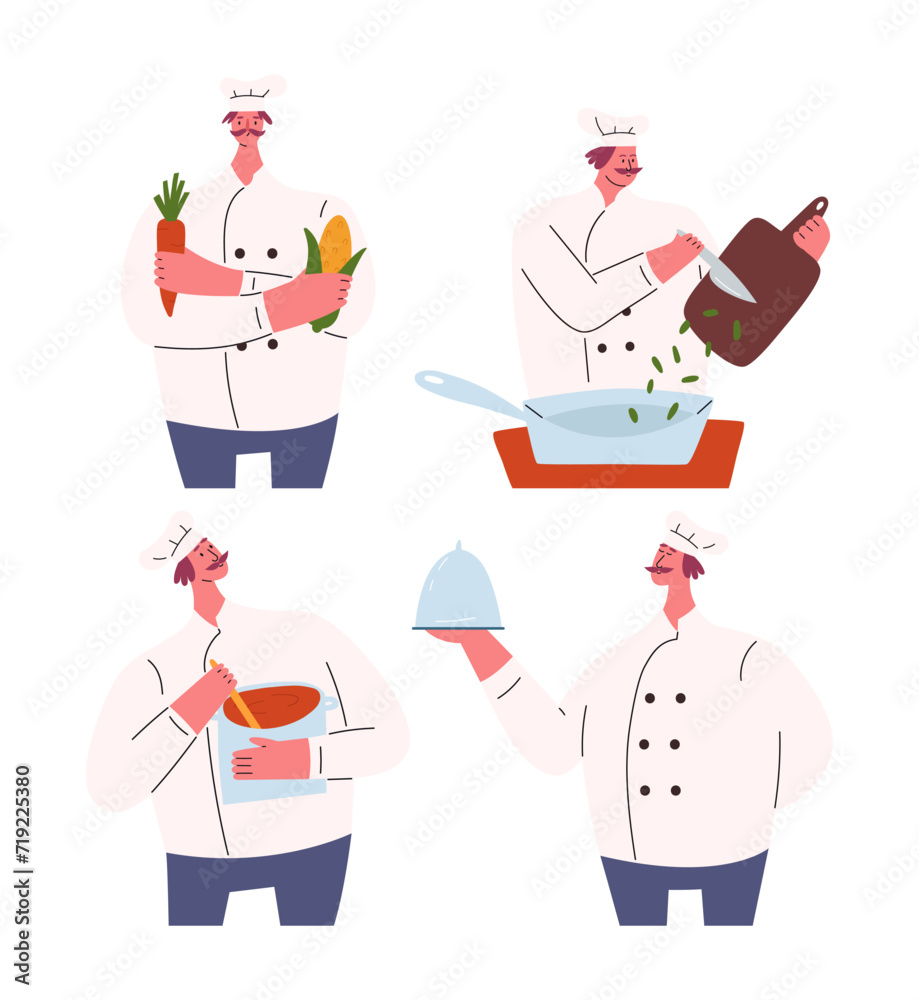 Set of chef character in uniform cooking food, flat vector illustration isolated on white background. Man professionally cooking food in restaurant. Catering service or recipe design element.