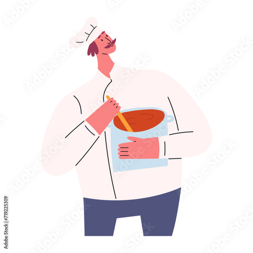 Chef with mustaches in uniform stirring food in pan, flat vector illustration isolated on white background. Cartoon character of professional chef cooking soup. Concepts of career and restaurants.