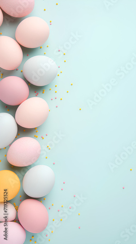 Flat lay of colored Easter eggs. Plain pastel background.