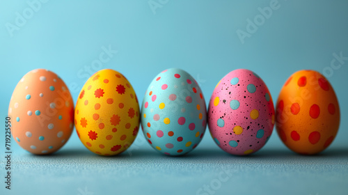 Row of Painted Eggs Sitting on Top of Table. Generative AI.