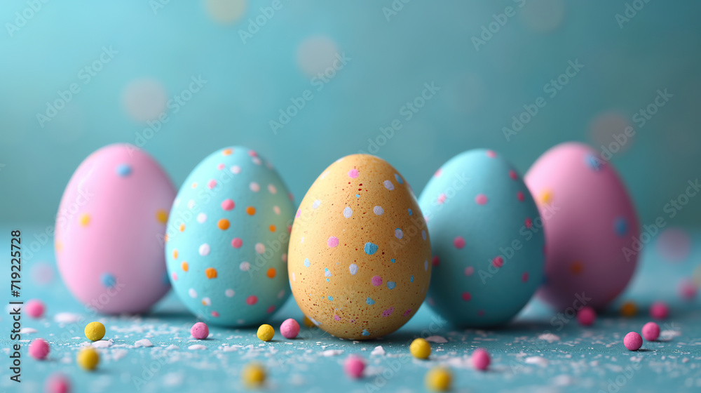 Row of Painted Eggs on Table, Colorful Easter Decorations. Generative AI. Row of Painted Eggs on Table, Colorful Easter Decorations. Generative AI.