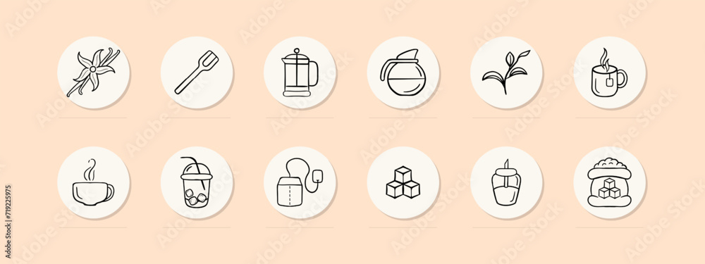 Tea set line icon. Sugar, lemon, tea leaves, bag, cup, drink, pu-erh, boiling water. Pastel color background. Vector line icon for business and advertising Tea set line icon. Sugar, lemon, tea leaves, bag, cup, drink, pu-erh, boiling water. Pastel color background. Vector line icon for business and advertising