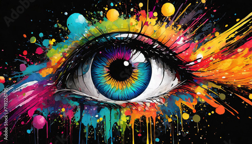 a colorful eye with paint splatters on the black background © Animaflora PicsStock