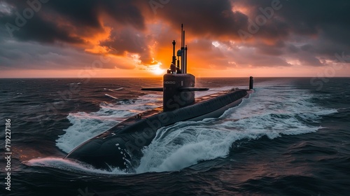 A black submarine cuts through the open sea, its tower prominent against a backdrop of an overcast sky  photo