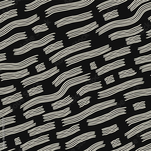 vector rough white ripple askew wave lines brush stroke seamless pattern on black.