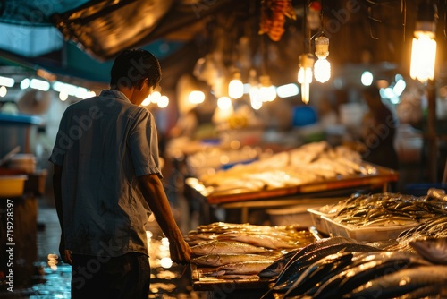 A man at the traditional fish market. Shopping at the fish market
