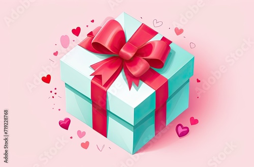 Greenish gift box with a red decorative bow on a pink background with decorative colored hearts, drawing, banner