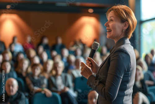 Confident Professional Delivering Conference Speech. A poised professional woman speaking at a business conference, with a diverse audience in the foreground.