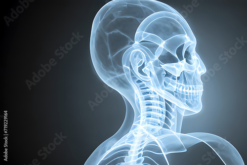 X-ray of a human head with a spine, human skull x-ray, or scan image isolated, National Doctors Day