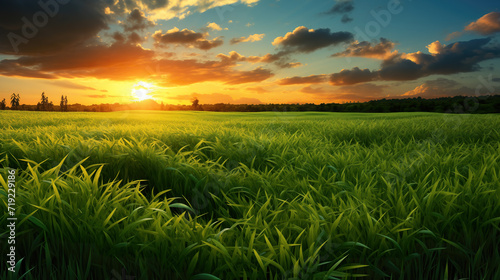 wonderful epic nature landscape of a sun rising at the horizon with a grass field in front © Sternfahrer