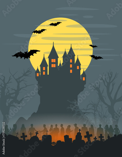 Vektor Poster, Flyer, Plakat - Halloween Party - Silhouette von Menschen - Gruselige Burg mit Mond
