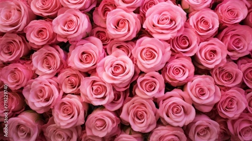 Background, texture of pink roses. Top view, close-up. A bouquet for a birthday.