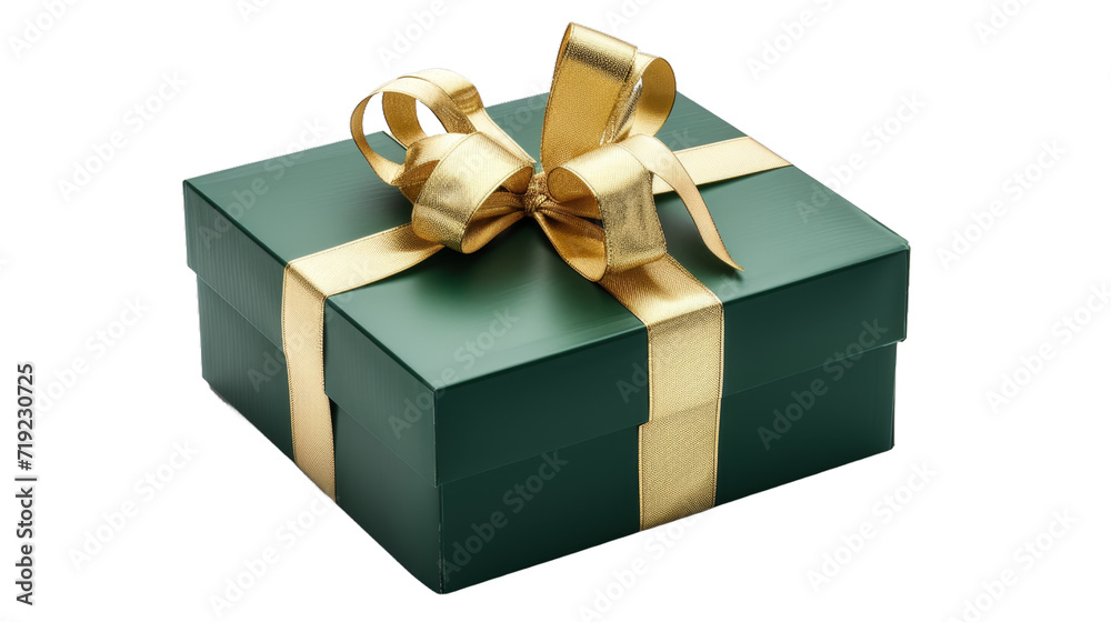 Green gift box with golden ribbon isolated on transparent background Green gift box with golden ribbon isolated on transparent background
