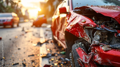 Dramatic car crash scene on busy city road with emergency vehicles and shattered glass