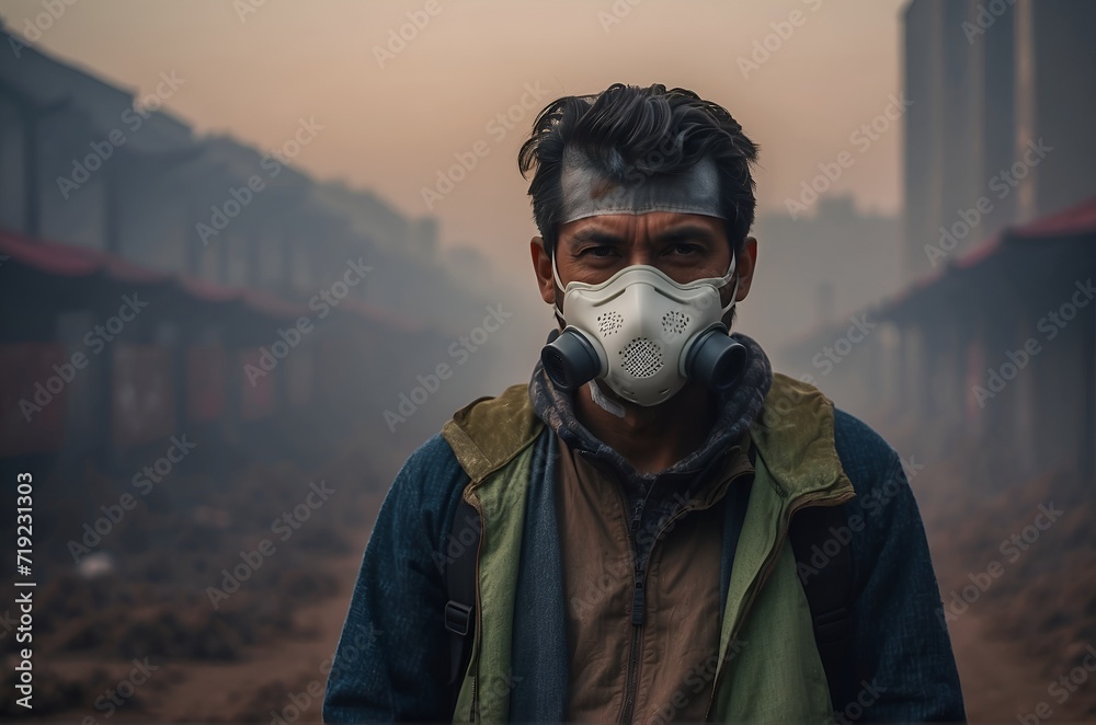 Man in a polluted city wearing gas mask, environmental pollution concept