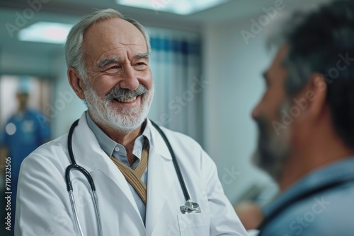 Elderly male doctor talking to patient at hospital